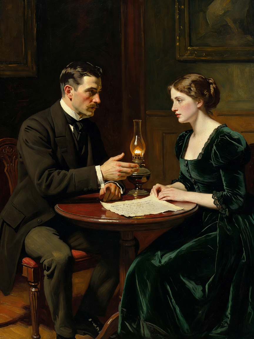 Two figures at a small table, a paper between them, lamplight.