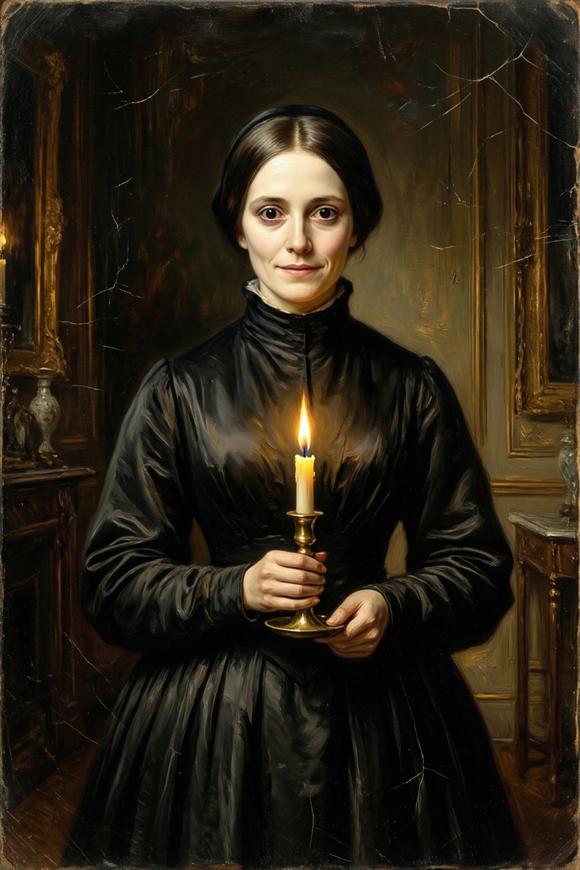 A pale widow in black, her candle the only light.