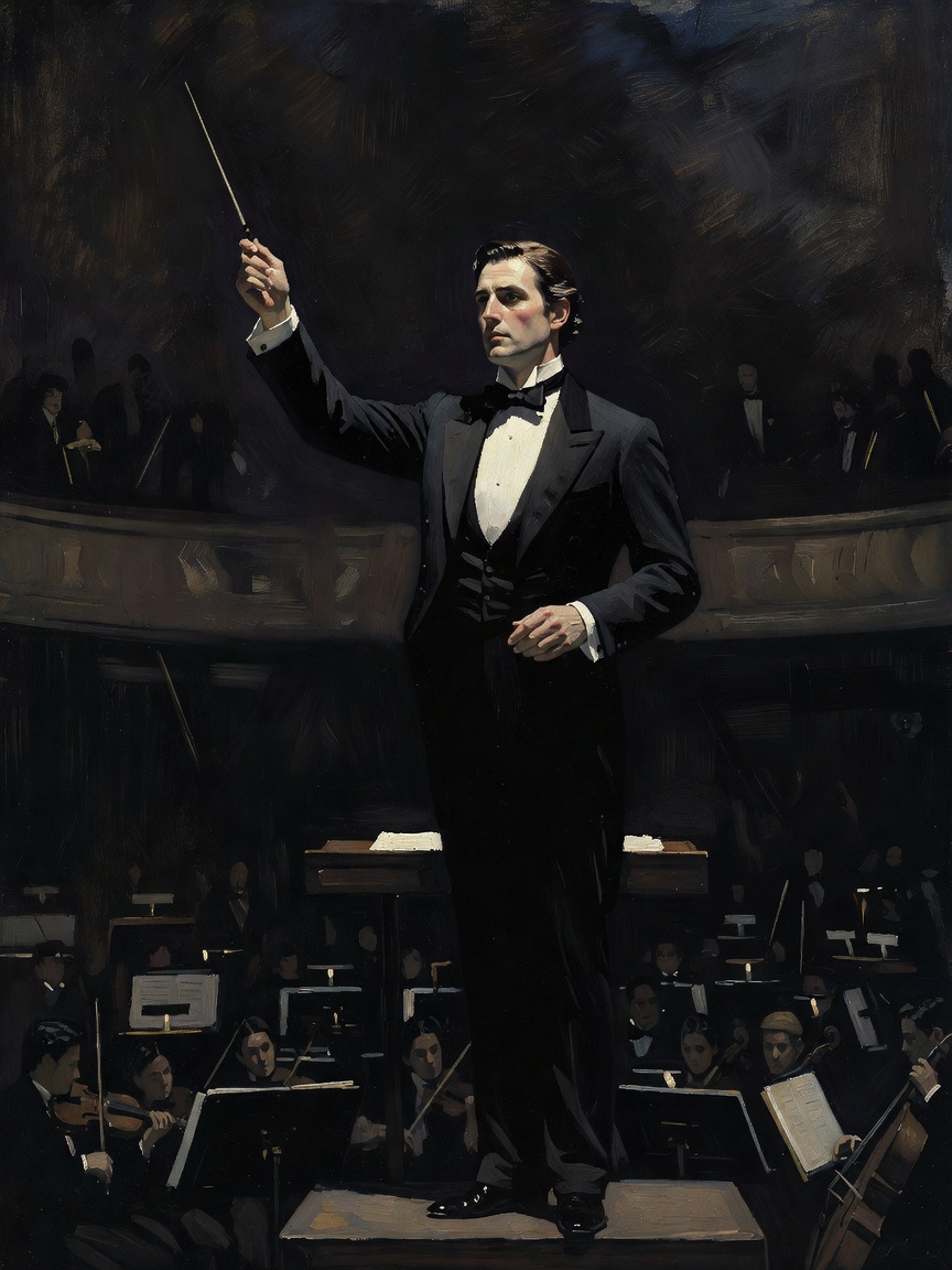 A raised baton; far below, many hands at many instruments.