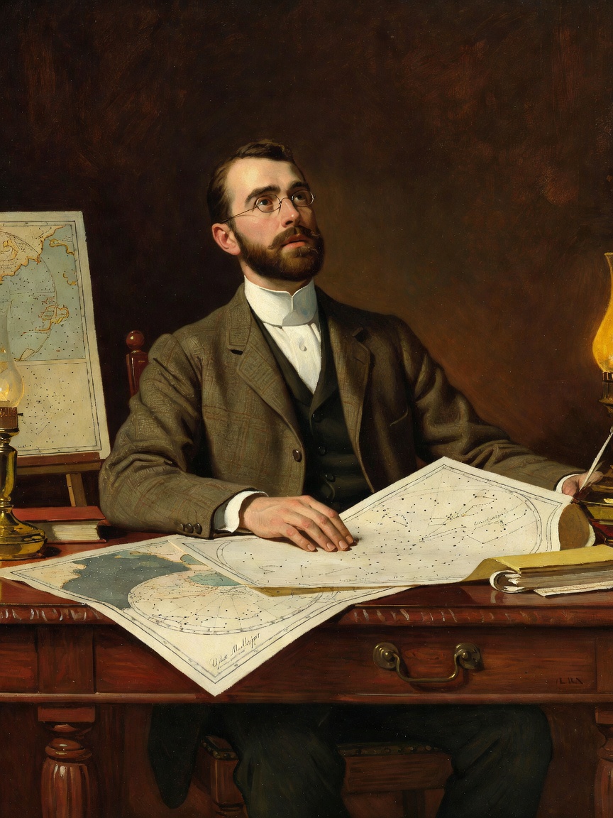A figure at a desk of maps, the constellation overhead.