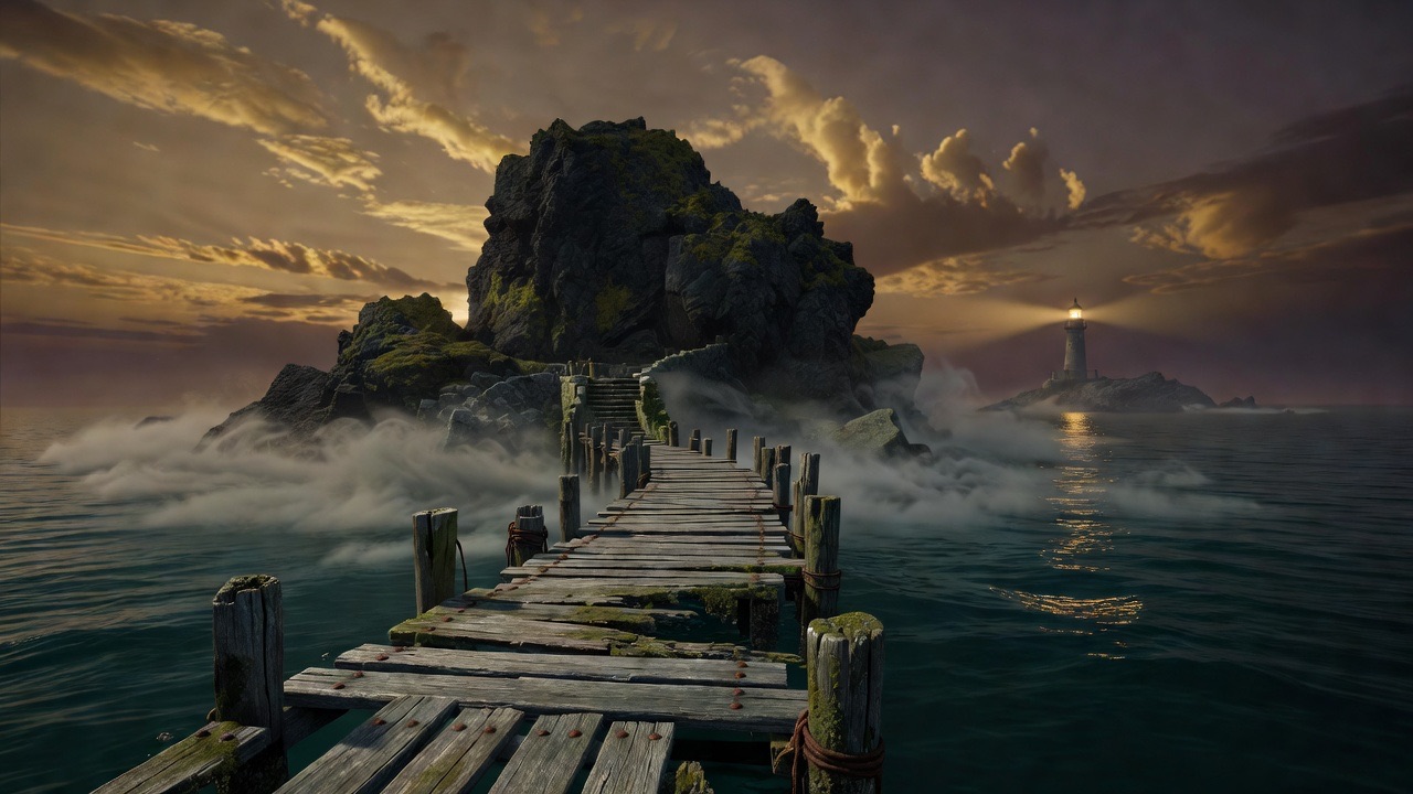 An old wooden dock over dark water; the island waits under a sepia dusk.