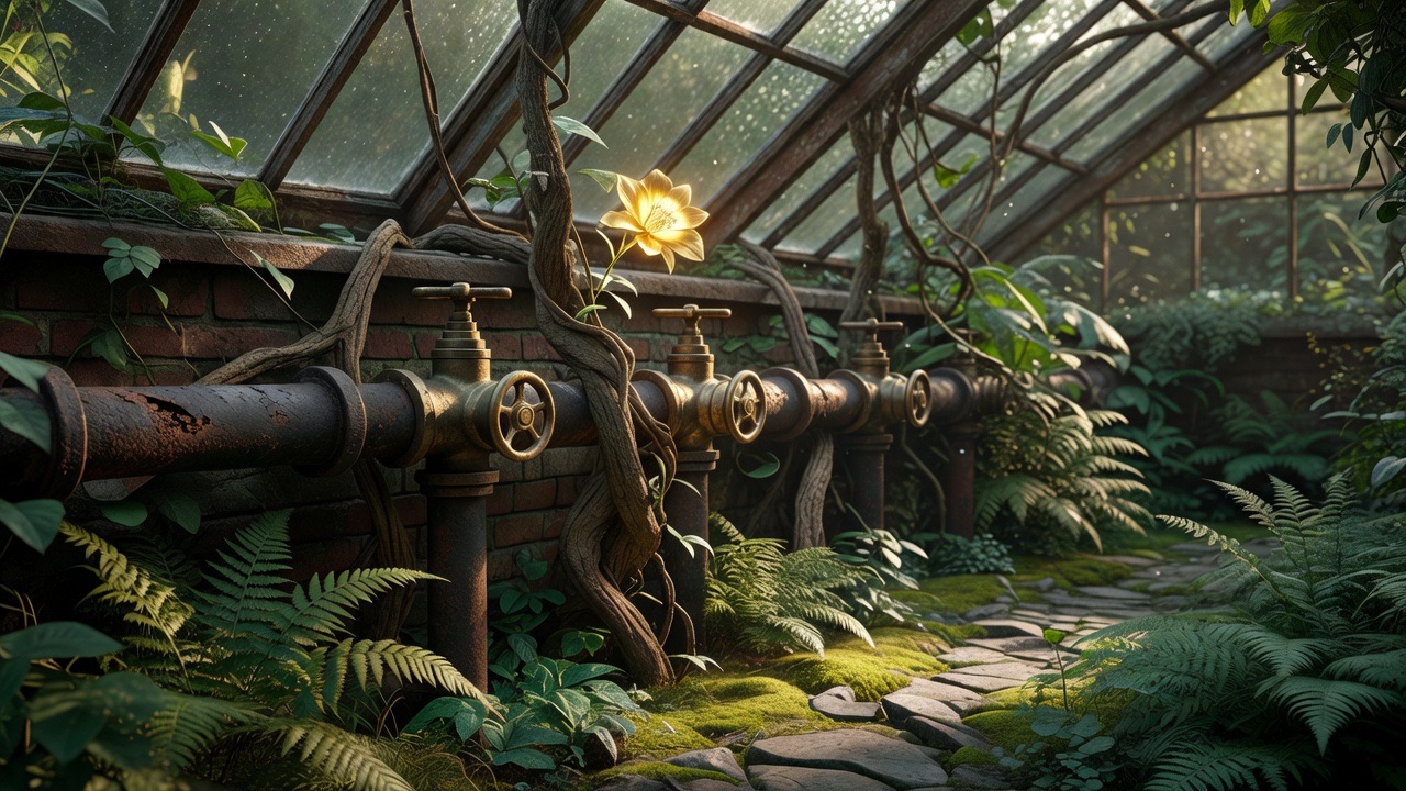 An overgrown greenhouse; brass valves on an iron pipe, one golden bloom on a vine.