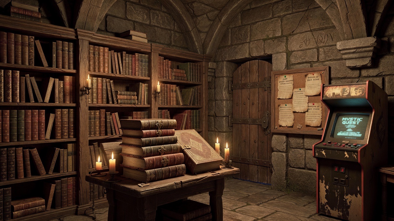 An ancient stone library; shelves of books, a lectern, a notice board, a dusty cabinet.