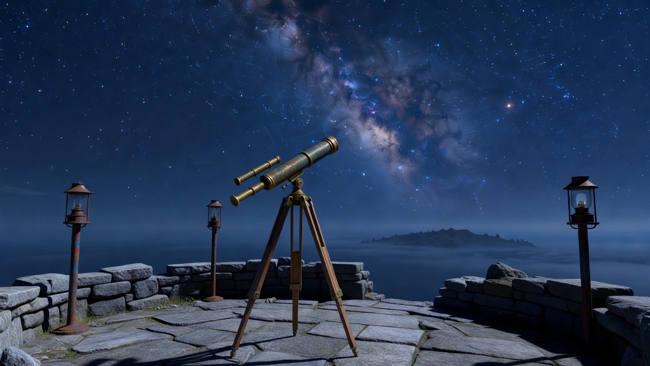 A stone lookout at night; a brass telescope under a sky of stars.