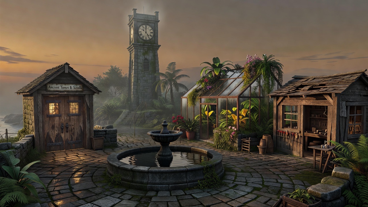 A weathered stone plaza; doors and paths lead off toward the island's structures.