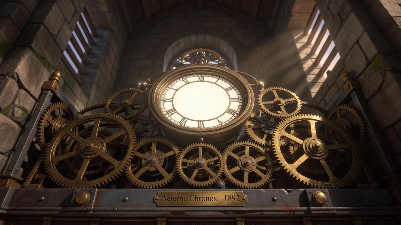 The top of the clock tower: a great brass mechanism and a glowing clock face.